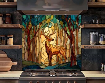 Majestic Deer Witrażowy Panel Ścienny do Kuchni, Woodland Forest