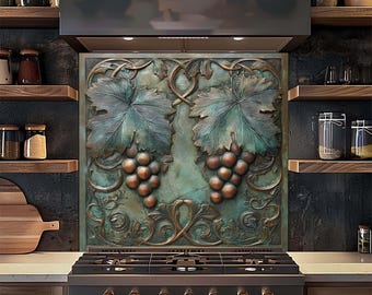 Szkło hartowane na ścianie nad blatem kuchennym, patynowana miedź, winorośl