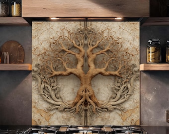 Panel ścienny ze szkła hartowanego, dekoracja ścienna do kuchni z motywem drzewa życia, panel ścienny z efektem kamienia w stylu vintage