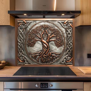 Tempered Glass Backsplash – Tree of Life Copper, Silver & Stainless Steel Look Kitchen Backsplash