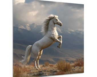 Majestic White Horse Tempered Glass Wall Art | Rustic Wildlife Decor