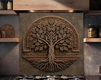 Panel kuchenny ze szkła hartowanego, rustykalny panel kuchenny z motywem drzewa życia, łatwa w czyszczeniu sztuka ścienna
