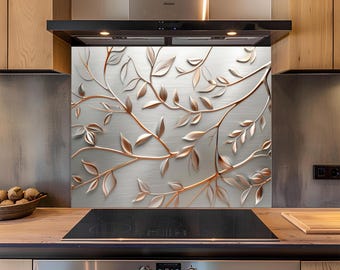 Tempered Glass Backsplash – Copper Branches Silver & Stainless Steel Look Backsplash