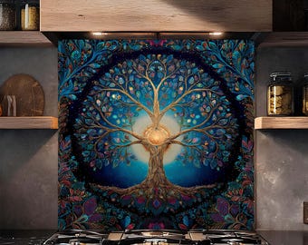 Promienna, hartowana ściana kuchenna z motywem kosmicznego drzewa życia, niebiańska sztuka ścienna