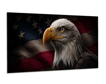 Bald Eagle Tempered Glass Art | American Flag Patriotic Decor