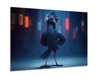 Fajny kruk ze słuchawkami – dekoracja ścienna ze szkła hartowanego | Nowoczesna dekoracja ścienna z neonowym ptakiem | Oprawiona lub nieoprawiona dekoracja miejska w stylu pop-art