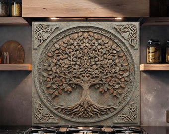Salpicadero de cocina de vidrio templado con diseño rústico de árbol de la vida en piedra