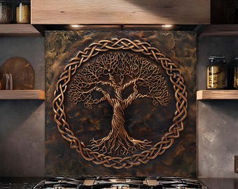 Panel ścienny ze szkła hartowanego, celtyckie drzewo życia, metaliczny wygląd w odcieniu brązu, rustykalny wystrój kuchni