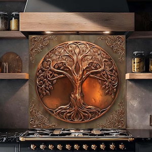 Tempered Glass Backsplash, Copper Glow Tree of Life Backsplash, Backsplash Behind Stove, Rustic Backsplash, Copper Look Glass Backsplash