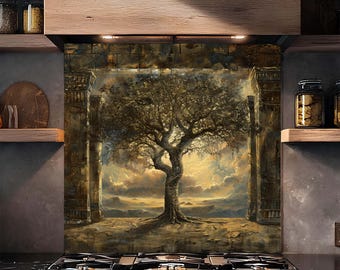 Protector de pared de vidrio templado con diseño de árbol antiguo y portal, arte rústico para la pared de la cocina.