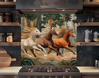 Panel ścienny ze szkła hartowanego Running Horses, mozaikowy panel kuchenny ze szkła witrażowego