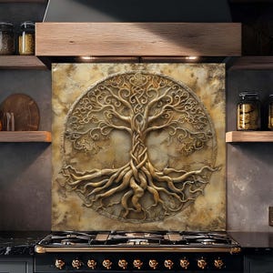 Tempered Glass Backsplash, Antique Gold Tree of Life Backsplash, Kitchen Backsplash Behind Stove, Easy to Clean Glass Backsplash, Splashback