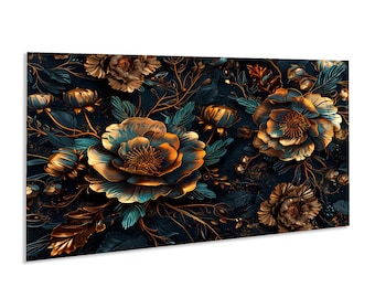Ciemna, kwiatowa szklana dekoracja ścienna | Turkusowo-złoty nadruk botaniczny