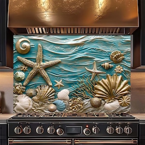 Seashell Harmony keukenachterwand van gehard glas, kustkachel, hittebestendige spatwand