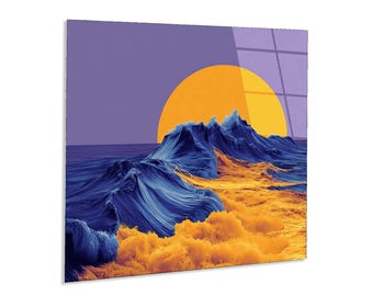 Surreal Ozean Sonnenuntergang gehärtetes Glas Wandkunst | Kundenspezifische große Glaswand-Dekor für Wohnzimmer