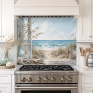 Achterkant keuken kustkeuken, fornuispaneel van gehard glas, Beach House Spatscherm oceaanzicht, decor nautisch huisje, aangepast glas