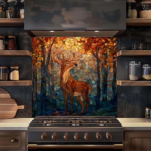 Tempered Glass Backsplash, Golden Stag Woodland Forest Kitchen Splashback