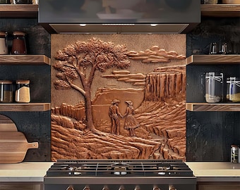 Gehärteter Glas-Aufhänger, Cowboy-Paar-Aufhänger im Kupferlook, Spritzschutz aus der Western Canyon-Szene, rustikale Bauernhaus-Glaskunst hinter dem Ofen