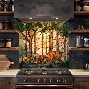 Tempered Glass Backsplash, Bear Family Stained Glass Look Backsplash, Woodland Nature Kitchen Splashback, Amber Forest Stove Backsplash
