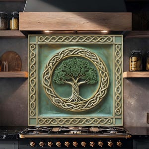 Celtic Tree of Life Tempered Glass Backsplash: Emerald Green Kitchen Decor