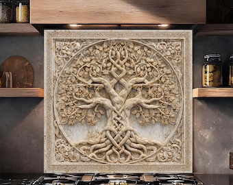 Panel ścienny ze szkła hartowanego, celtycki panel kuchenny z motywem drzewa życia, łatwy w czyszczeniu, odporny na ciepło panel