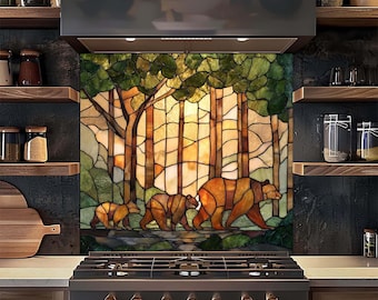 Panel ścienny ze szkła hartowanego, witrażowy wygląd Bear Family, panel ścienny do kuchni w stylu leśnym
