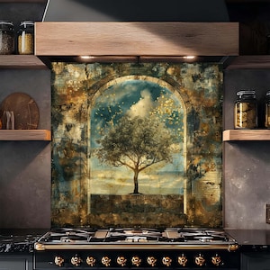 Tempered Glass Backsplash, Golden Leaf Window Tree Backsplash, Kitchen Backsplash Behind Stove, Rustic Glass Backsplash, Kitchen Splashback