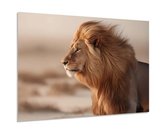Majestätischer Löwe gehärtetes Glas Wandkunst | Regal Safari Tier Wanddekor | Gerahmt oder ungerahmt Natur inspirierte Wohnkultur