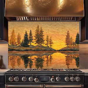 Tempered Glass Backsplash, Sunset Forest Backsplash, Kitchen Backsplash Behind Stove, Rustic Stove Backsplash, Kitchen Glass Splashback