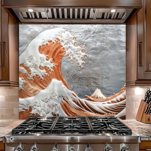 Backsplash van gehard glas: backsplash in koper-, zilver- en roestvrij staallook: Great Wave