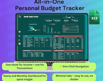 May include: A laptop displaying a personal budget tracker with a green and white interface. The screen shows income, expenses, and savings data. Text on the screen includes "Monthly Budget Tracker" and "All-in-One Personal Budget Tracker". Additional text highlights features like "One sheet for Income + one for Transactions".