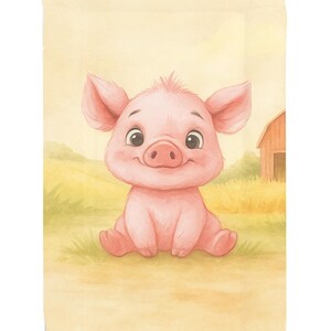 May include: A watercolour illustration of a smiling pink piglet sitting in a field of grass. The piglet has large ears and a cute snout. A small red barn is in the background.