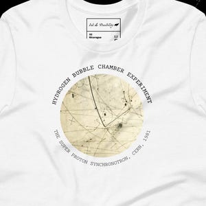 May include: White t-shirt with a circular graphic depicting the Hydrogen Bubble Chamber Experiment. The graphic includes the text "HYDROGEN BUBBLE CHAMBER EXPERIMENT" and "THE SUPER PROTON SYNCHRONOTRON, CERN, 1981". The shirt has a tag that says "Ink & Possibility" and "Nicaragua".