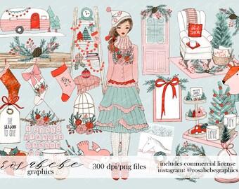 Puede incluir: Ilustración digital con temática navideña en una paleta de colores rosa y turquesa. La imagen incluye una caravana, calcetines, una chica, un ciervo y otras decoraciones navideñas. El texto incluye "The Season to Give", "Let it Snow", "Love" y "Joy".