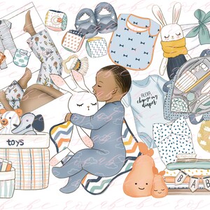 Clipart de bebé niño, PNG de accesorios para bebé en colores primarios, clipart de baby shower, embarazo, POD, invitaciones, arte mural, álbum de recortes, pegatinas