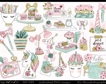May include: A set of digital illustrations featuring a unicorn, a potted succulent, a desk lamp, a cup of coffee, a stack of books, a potted plant, a stack of pillows, a unicorn horn, a bow, a stack of washi tape, a makeup bag, a potted plant with a face, a bird with flowers, a keychain with flowers, a sign that says "get it done!" and a sign that says "hello".