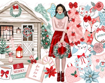 Puede incluir: Una ilustración digital de una mujer con una falda roja y un suéter rosa con un diseño de copo de nieve. Ella sostiene una corona verde con lazos rojos. El fondo presenta un árbol de Navidad rojo y blanco, una cabaña de madera y otras decoraciones festivas.