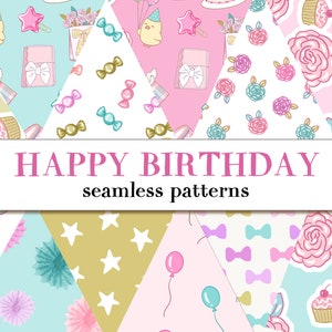 Birthday Digital Papers - Pink Party, Girly, Pastels, Cute Seamless Patterns for Fabric, Wallpaper, Wrapping Paper, iPhone Background, POD