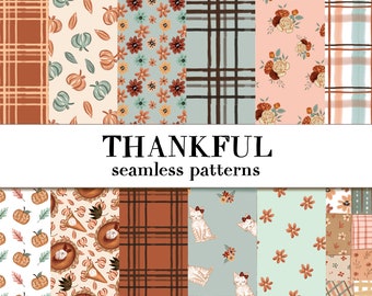 May include: A set of 12 digital seamless patterns featuring various Thanksgiving themes, including pumpkins, plaid, flowers, and cats. The patterns are in warm autumnal colors like orange, brown, and cream. The text "THANKFUL seamless patterns" is displayed at the bottom of the image.