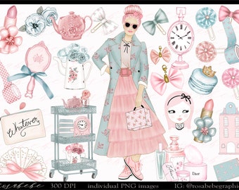 May include: A digital illustration set featuring a woman in a blue floral coat and pink skirt, holding a pink floral handbag. The set also includes various pink and blue floral elements, such as teapots, flowers, bows, and a clock.