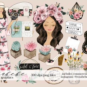 Clipart bohemio de acuarela - Conjunto PNG floral, femenino, vintage, natural, rústico, pegatinas para planificador, POD, regalo imprimible, arte mural, diario basura