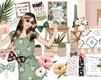 May include: A digital illustration of a woman in a green floral dress with a tropical theme. The illustration includes a sign that says "Tropical State of Mind", a sign that says "Go Jump in the Pool", and a planner with the text "Only the essentials: sun, pool, flip flops, sun hat, sunscreen".