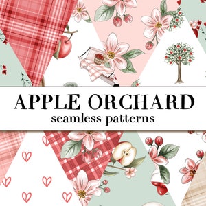 Puede incluir: Un collage digital de patrones sin costuras con temas de huerto de manzanas. Los patrones incluyen cuadros rojos y blancos, blanco con corazones rojos, blanco con flores de manzano rosas y verde con manzanas rojas. El texto "APPLE ORCHARD seamless patterns" se muestra en el centro de la imagen.