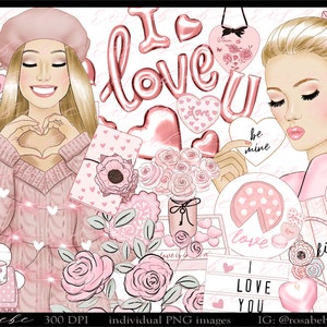 Conjunto PNG de San Valentín: coquetos lazos rosas, corazones, postres, imágenes prediseñadas retro de los años 50, besos y globos para tarjetas, pegatinas, impresión por inyección de tinta y sublimación.