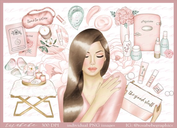 Spa Day PNG Clipart Set – Self Care, Pink Cosmetics (Digital Download)