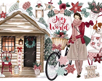 Puede incluir: Una escena de invierno con una cabaña acogedora, una mujer montando una bicicleta decorada con estrellas rojas y blancas, y un letrero que dice "Joy to the World". También hay otros elementos de temática invernal como una poinsettia roja, una linterna y una taza de té.