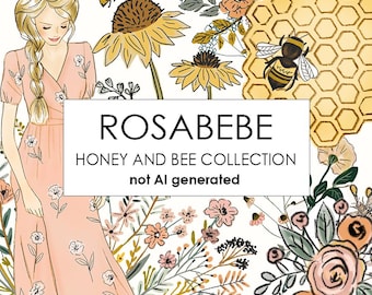 Cottagecore Bee Spring PNG Set – Mustard Peach Vintage Florals, Clipart for Sublimation, Digital Stickers, Wall Art Spring Decor, POD Use