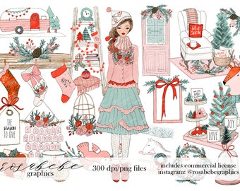 Puede incluir: Un conjunto de ilustraciones digitales con una variedad de elementos navideños, que incluyen una niña con un suéter rosa y una falda azul, una caravana vintage, un árbol de Navidad, una media, una jaula para pájaros, una corona, un letrero que dice "The Season to Give", una escalera, una puerta, una silla, una bandeja de varios niveles, una taza y un zorro. Las ilustraciones están en un estilo de acuarela y son perfectas para crear tarjetas navideñas, invitaciones u otros proyectos festivos.