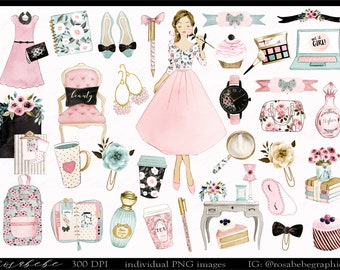 May include: A collection of watercolor illustrations featuring a woman in a pink dress, a floral patterned chair, a cup of coffee, a cupcake, a watch, a perfume bottle, a backpack, a notebook, a pair of earrings, a magnifying glass, a pair of shoes, a pen, a makeup palette, a laptop, a floral bouquet, a floral patterned bag, a floral patterned mug, a floral patterned teacup, a floral patterned book, a floral patterned vase, a floral patterned headband, a floral patterned bow, a floral patterned cake, a floral patterned eye mask, a floral patterned clip, a floral patterned ribbon, a floral patterned table, a floral patterned lamp, a floral patterned cake, a floral patterned bow tie, a floral patterned cake, and a floral patterned clip.