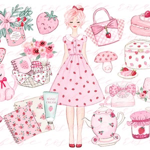 Ensemble PNG de coquettes aux fraises - Graphismes vintage roses et rouges printaniers pour la sublimation, autocollants numériques mignons, décoration murale printanière, utilisation du POD